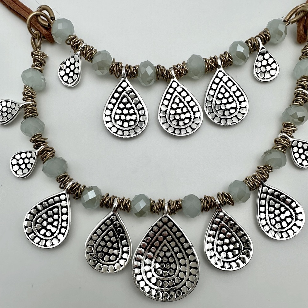 St Thomas Vintage Corded Necklace w/ Silver Tone Teardrop Beads & Blue Gold Tone